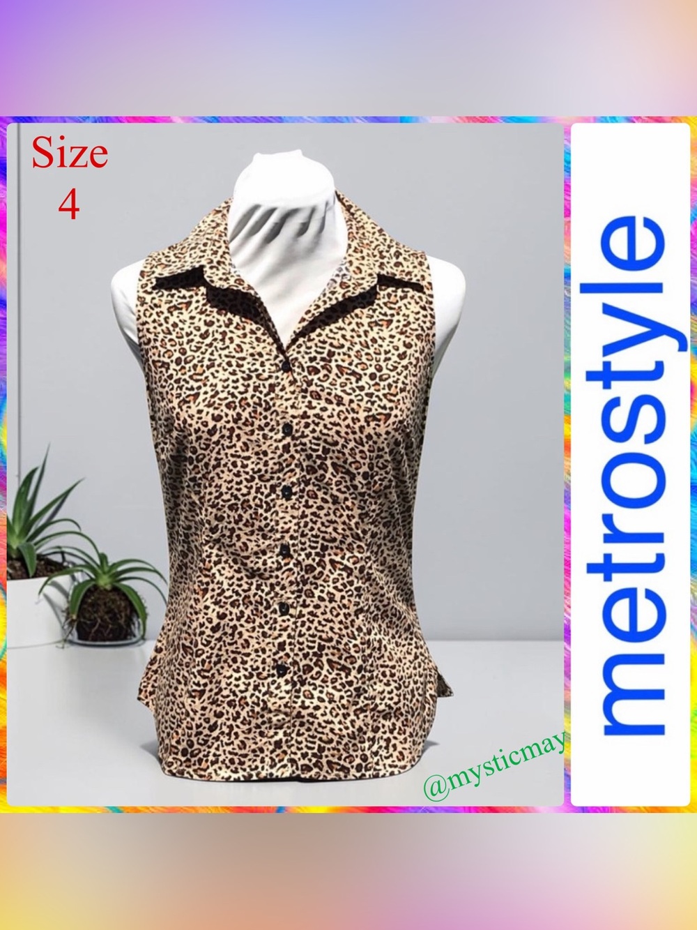 New METROSTYLE Sleeveless Animal Print Stretch Poplin Top Blouse Size 4 or S